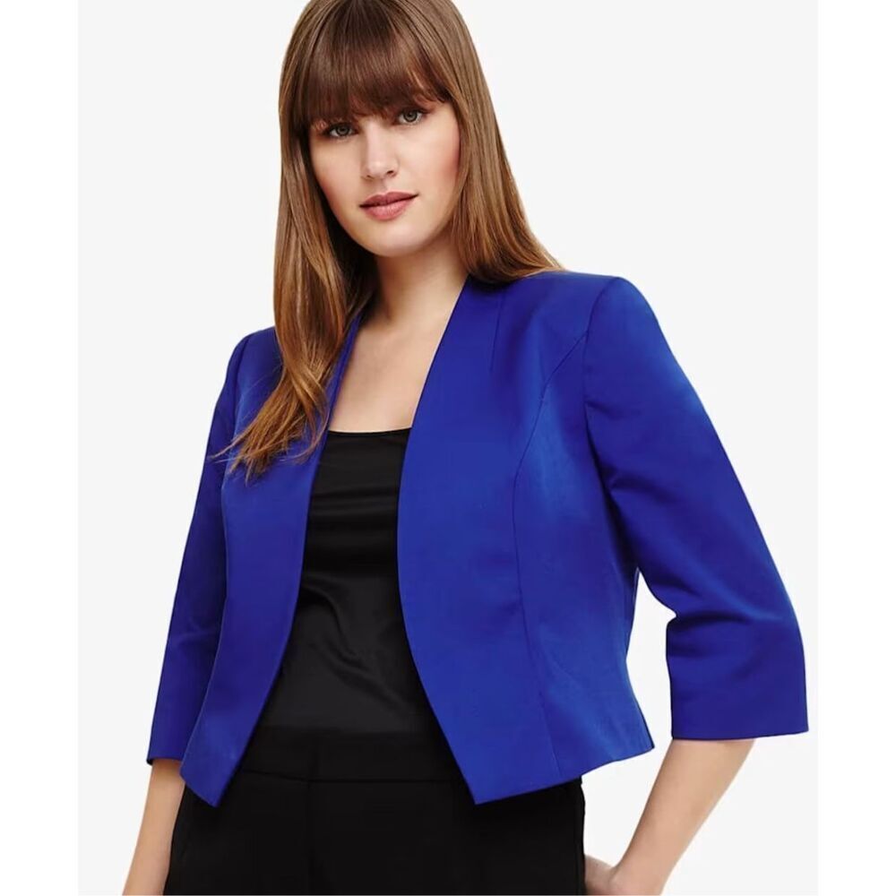 London Times Womens Blazer Cropped Style Size 8P Navy 3/4 Sleeves‎ NWT